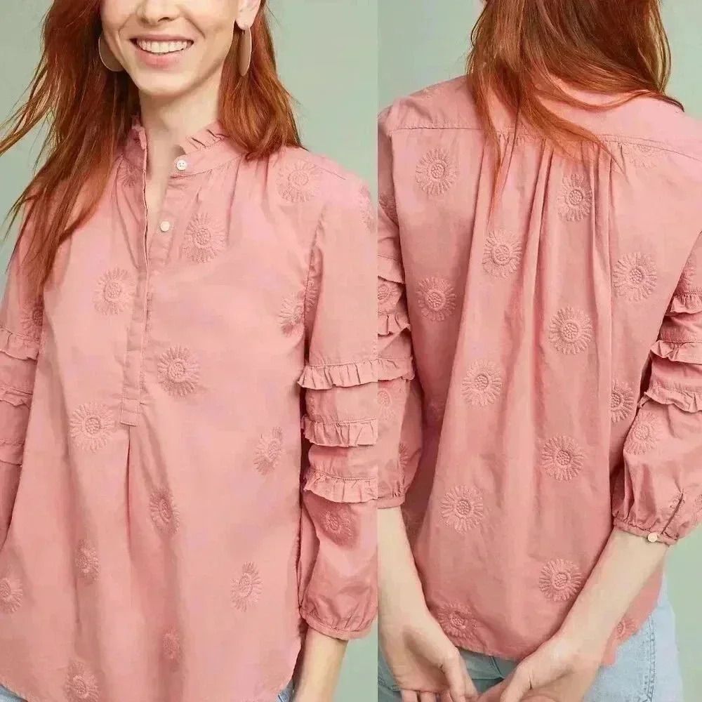 Anthropologie Isabella Sinclair Sunflower Embroidered Henley Top XS $128